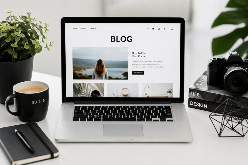 Modern blogging workspace with a laptop displaying a blog website, coffee mug, notebook, camera, and indoor plants on a clean white desk.